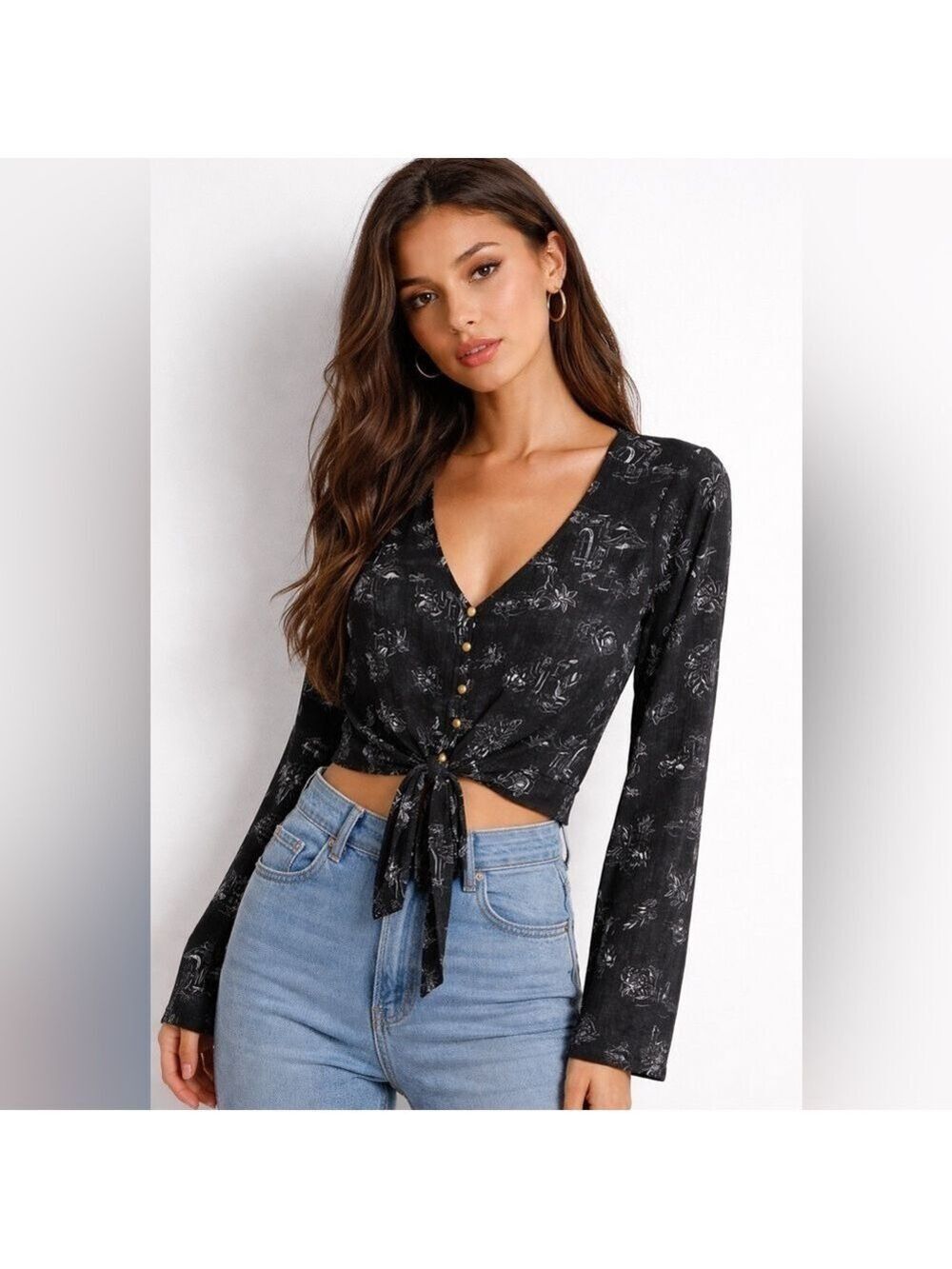 Torrid Black Button Up Semi Cropped Blouse Tie Front 2X